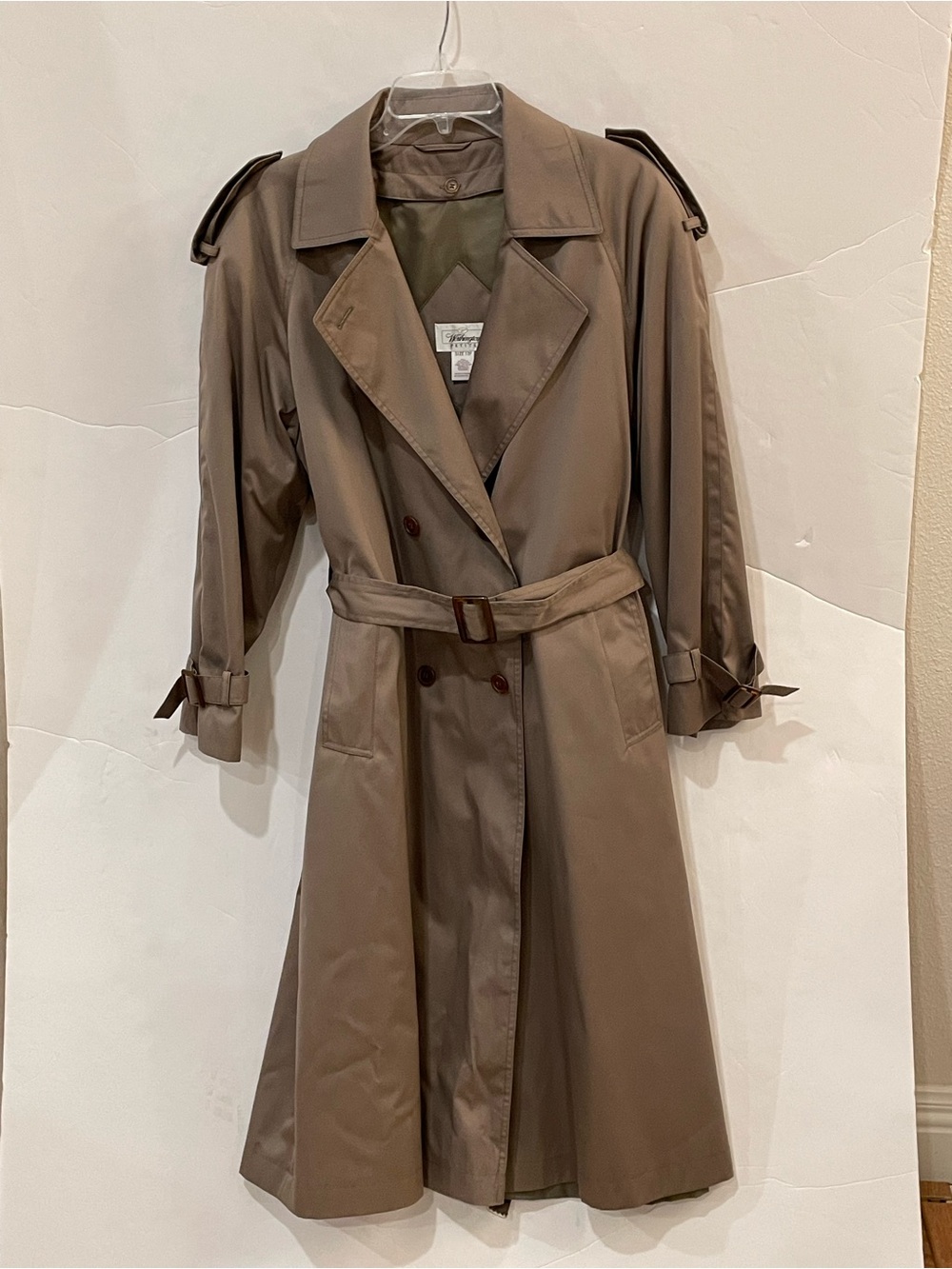Worthington Petite Trench Coat Women’s 12P Taupe Khaki Belted Double Breasted